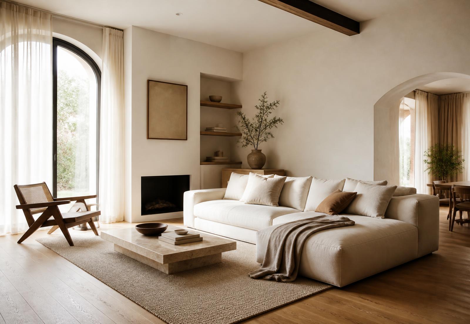 A sunlit, uncluttered living room with ivory linen seating and warm oak floors